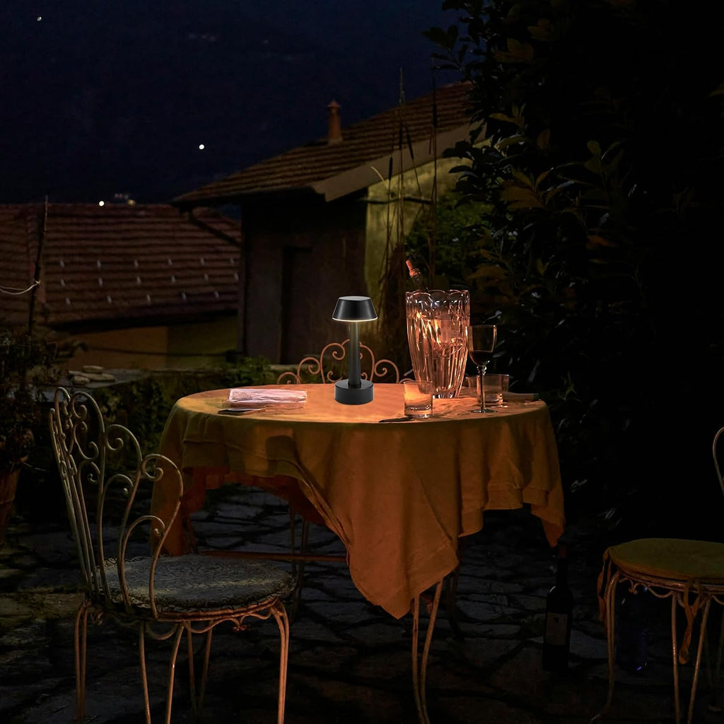 2 Pack Small Cordless Table Lamp for Restaurant, Black Metal Lamp