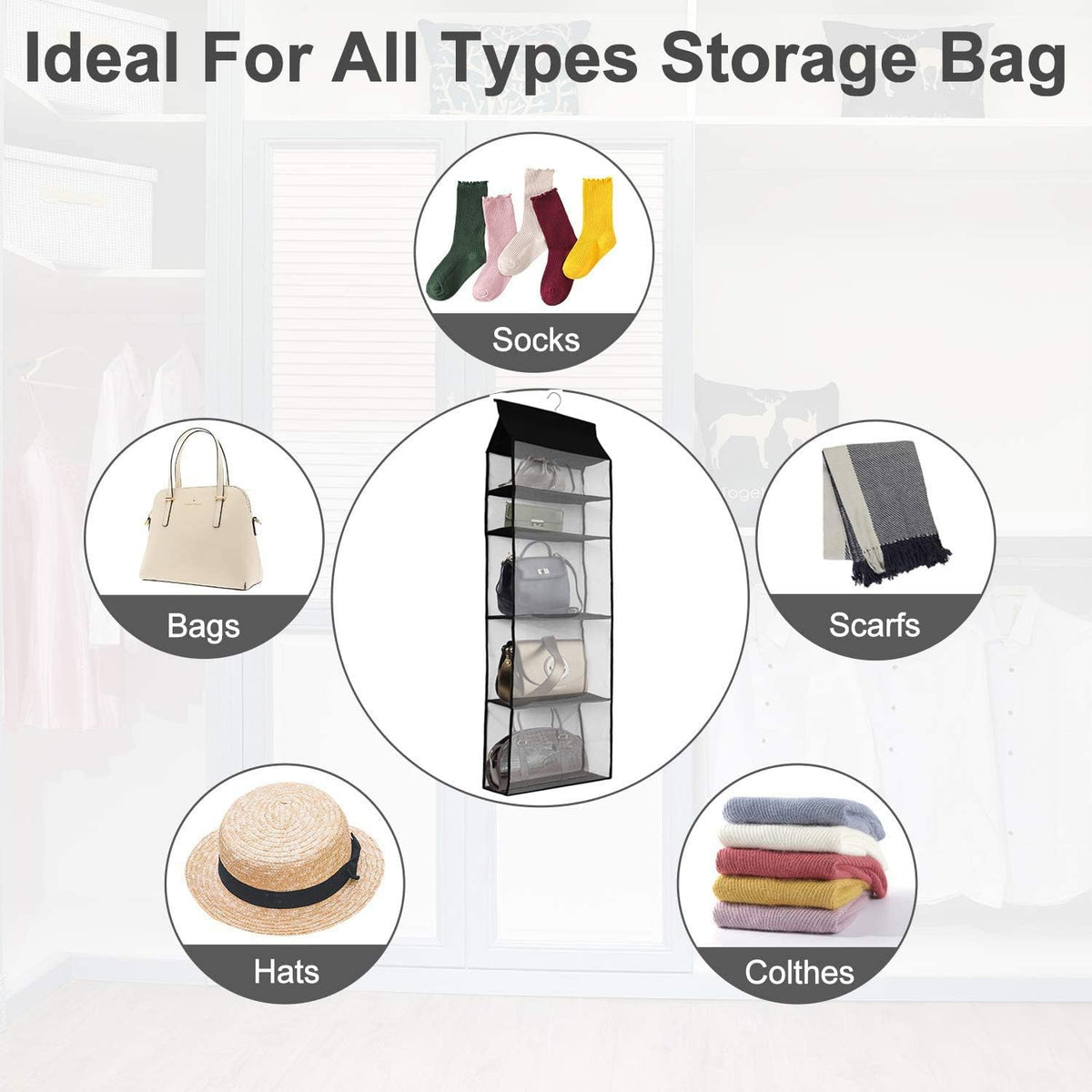 Improved Closet Handbag Purse Holder with 5 Large Heavy-Duty Mesh Shelves, Space Saving Hanging Handbag Storage Tote Bag Organizer Holder for Wardrobe Closet(Black)
