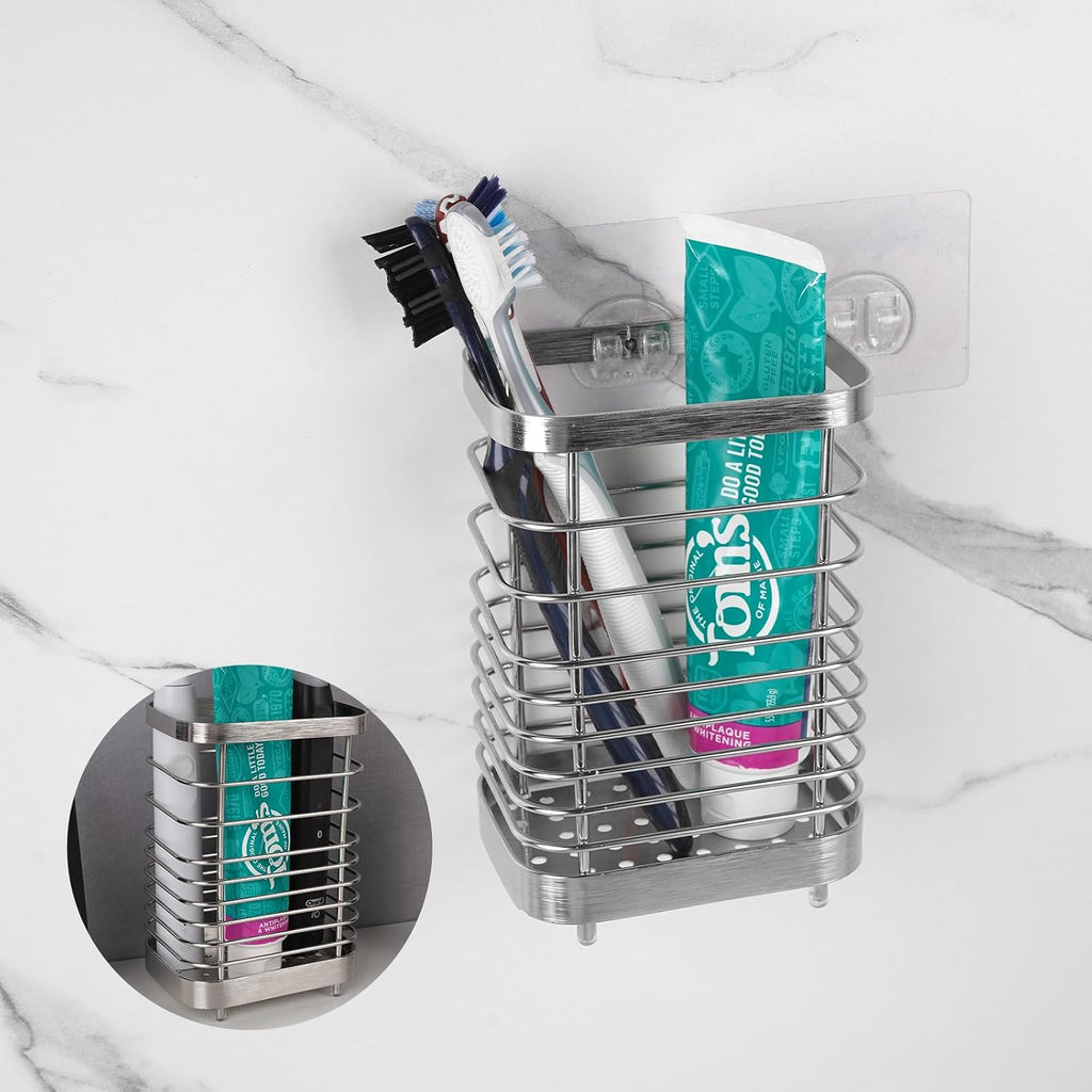 Wall Mount Toothbrush Holder for Bathroom, Stainless Steel Rustproof Toothbrush and Toothpaste Holder Organizer, Electric Toothbrush Holder Self Adhesive Wallmount/Countertop Organizer(Silver)