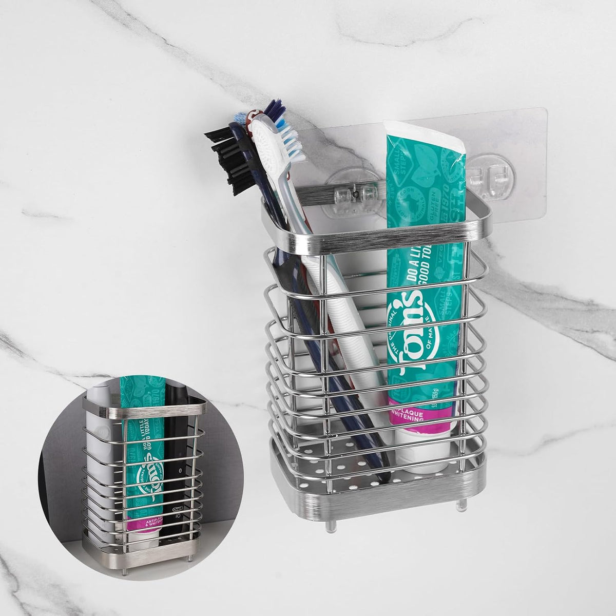 Wall Mount Toothbrush Holder for Bathroom, Stainless Steel Rustproof Toothbrush and Toothpaste Holder Organizer, Electric Toothbrush Holder Self Adhesive Wallmount/Countertop Organizer(Silver)