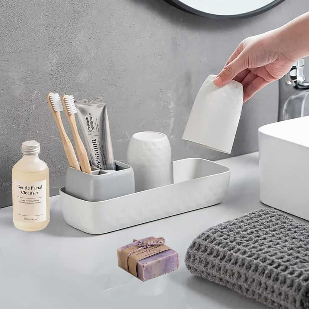 Toothbrush Holder with Cups, Electric Toothbrush and Toothpaste Organizer, Bathroom Accessories Set for Kids and Families, White & Grey