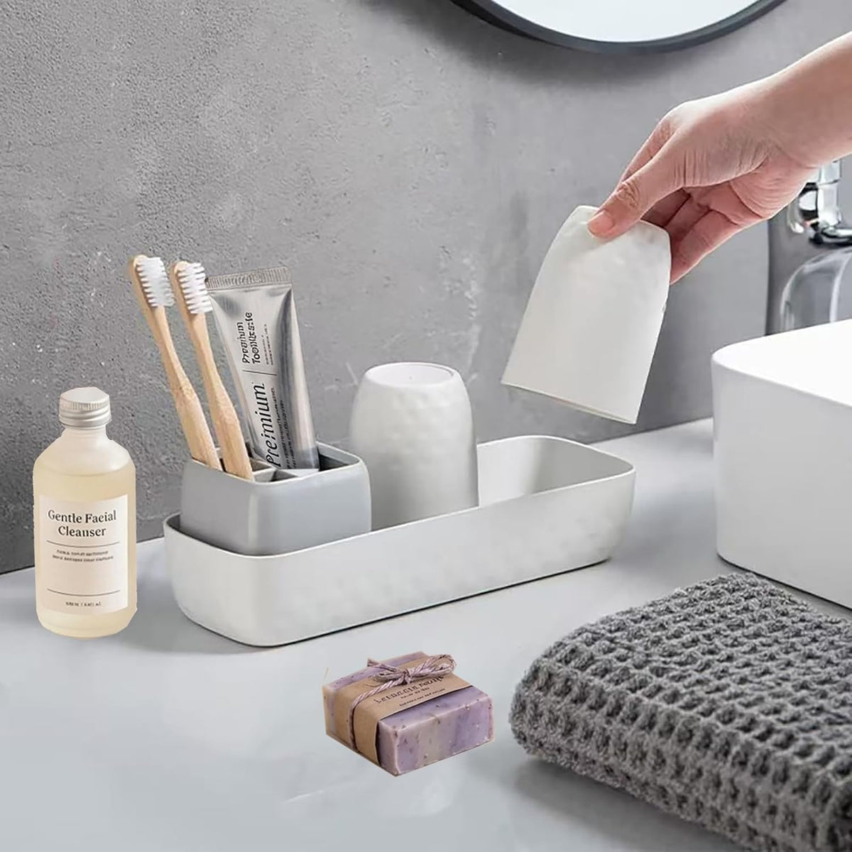 Toothbrush Holder with Cups, Electric Toothbrush and Toothpaste Organizer, Bathroom Accessories Set for Kids and Families, White & Grey