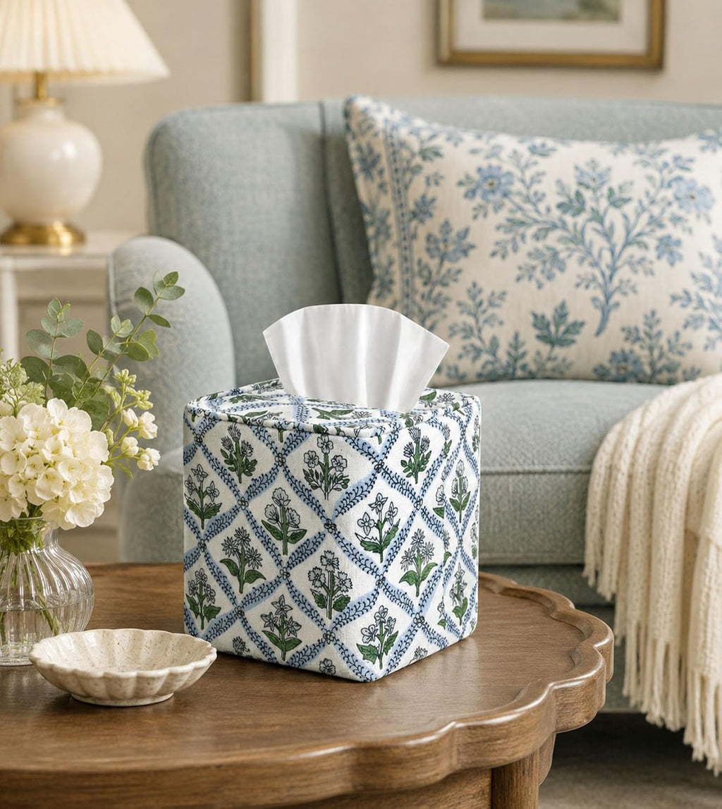 Livelab Cotton Handmade Print Tissue Box Cover – Fabric Decorative Square Napkin Holder, Stylish Tissue Case Facial Paper Cube Cover for Your Home, Officce, Car, Bathroom | Green Flower