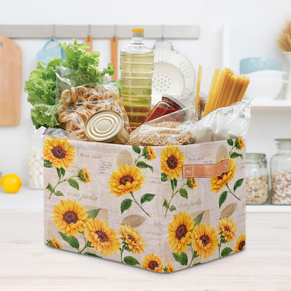 Storage Basket Flower Floral Sunflower, Large Foldable Organizer Storage Bins for Shelves, Sturdy Canvas Cubes Storage Boxes with Handles for Toys Closet Nursery Office Living Room 15" x 11" x 9.5"