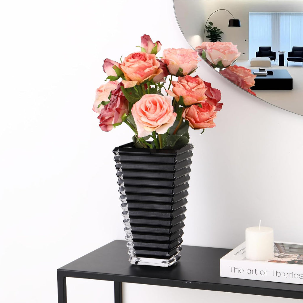 Crystal Vase, Large Crystal Vases for Flowers, Dark Large Flower Vase, Modern Glass Vases for Living Room, Bedroom, Kitchen, Dining Table, Mantle, Wedding, 9 Inches