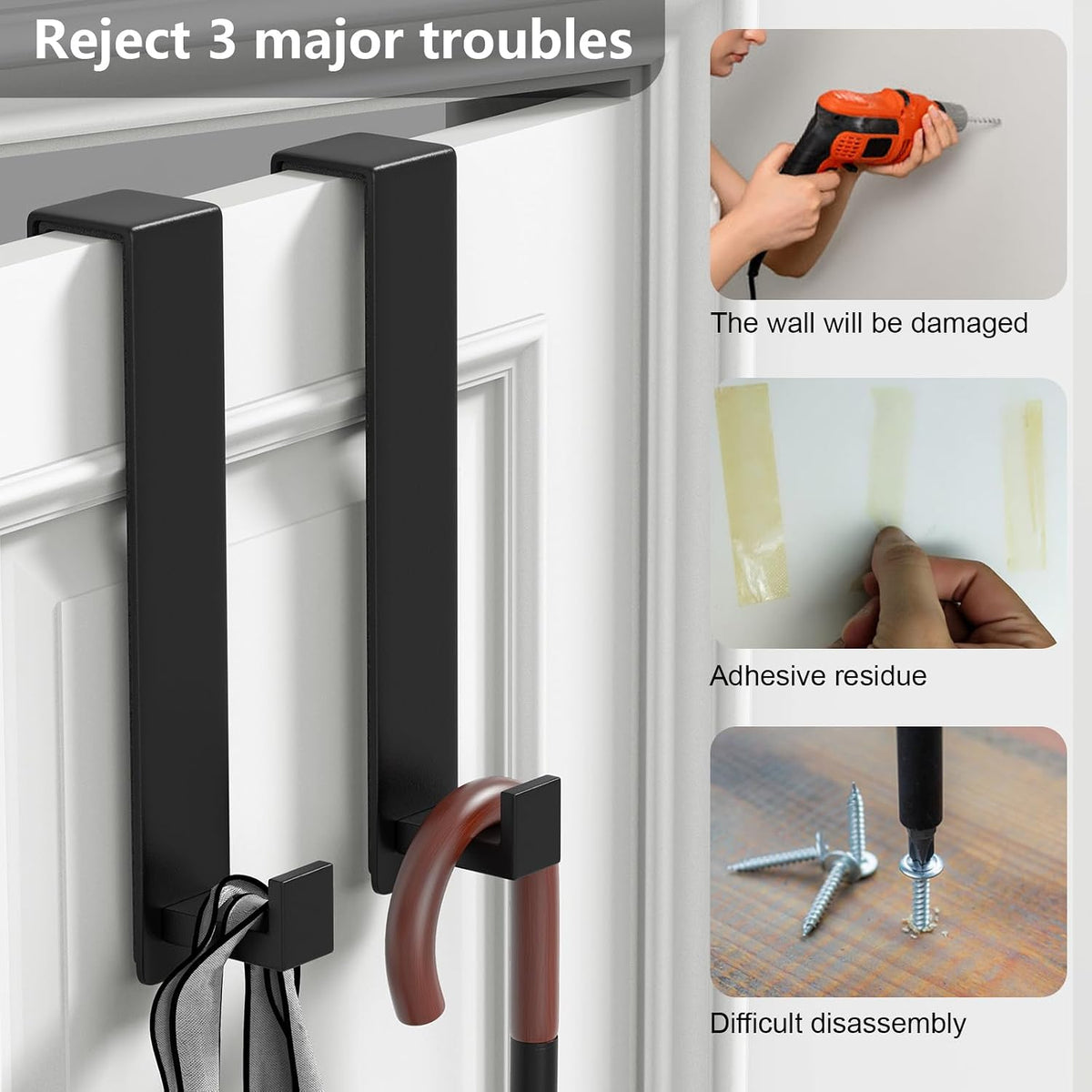 PMMASTO 10 Inch Hooks for 1-3/4 Inch Doors, Black- 2 Pack, L Shape