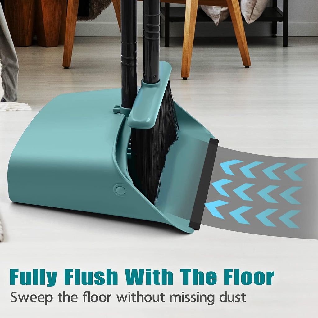 JEHONN Broom with Dustpan Combo Set, Long Handle Lightweight Indoor Broom Set, Upright Standing Dust Pan with Comb Teeth Store Sweep Set for Home Room Kitchen Office Lobby (Grey-Green)