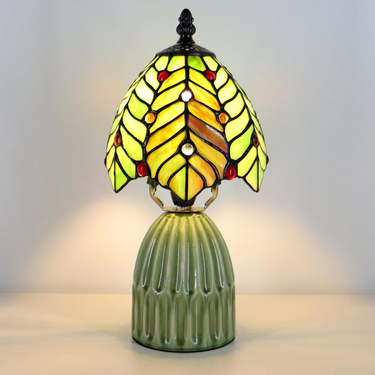 Tiffany Stained Glass Mushroom Table Lamp 12.5 Inch -Green Leaf
