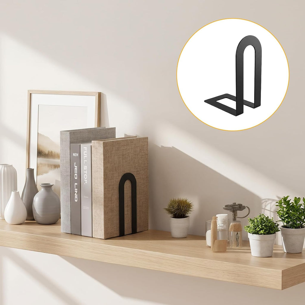 6 Pcs Modern Metal Bookends for Shelves, Metal Small Book Ends Book Shelf Organizer Minimalist Book Ends for Books/Movies/CDs, Decorative Bookends for Home Office, 5.5 x 3.75 x 2.25inch (Black)