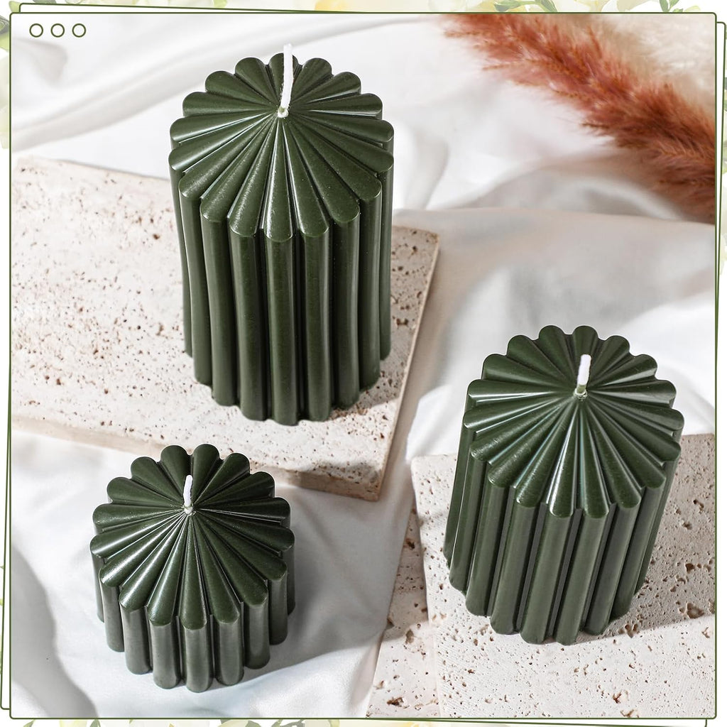 Conelist Set of 3 Moss Green Ribbed Pillar Candles Soy Wax Scented Candles