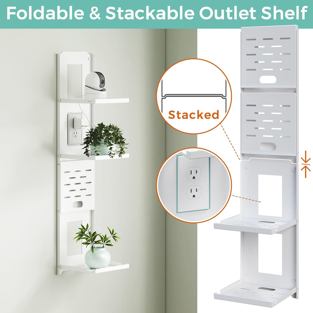 2-Tier Small Router Shelf Wall Mount - 7.5 inch Folding Metal Outlet Shelf w/Cable Holes | Dual-Layer Organizer Holder for WiFi Modem/Echo Dot & Cameras | Folds Up & Stackable (7.5″ Wide)