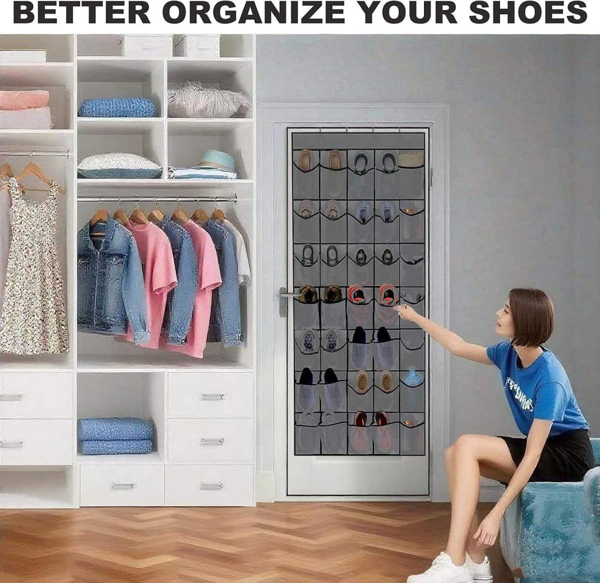 35 Large Pockets Over The Door Shoe Organizer – Sturdy Oxford Fabric Hanging Shoe Rack with Mesh Pockets, Door Shoe Rack with 4 Metal Hooks, Space-Saving Shoe Holder, Gray