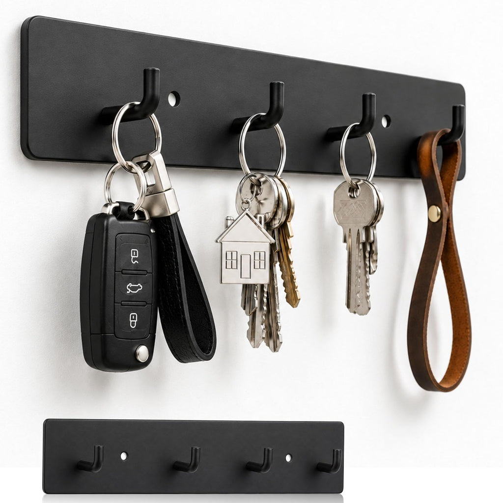 Key Holder Wall Mount Key Rack, Hanging Keys Hanger Hooks for Wall-Mounted Black Rail with 4 Hooks Storage Organizer Home Decor, Self Adhesive no Drill or Screws