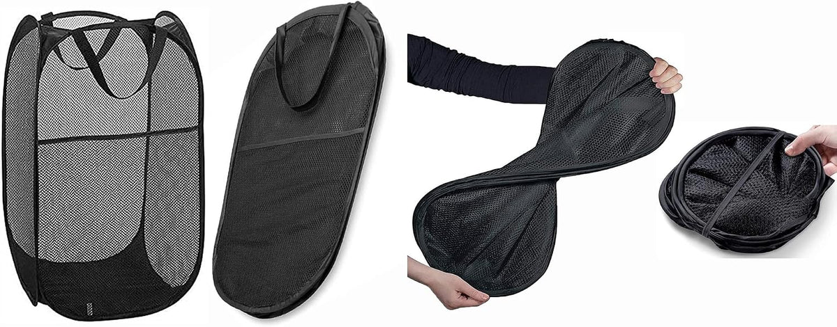 Pop Up Laundry Hampers, Collapsible Mesh Laundry Baskets for Home, Dorm, Travel, Portable Clothes Hampers, Pack of 2 (Black + Grey)