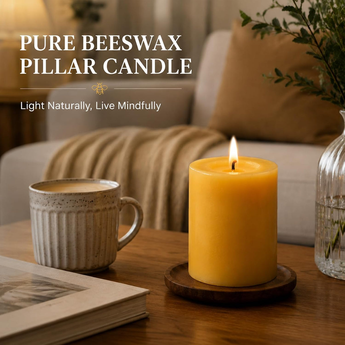 Beeswax Pillar Candles 3x4 Inch 2 Pack, Unscented Bee Wax
