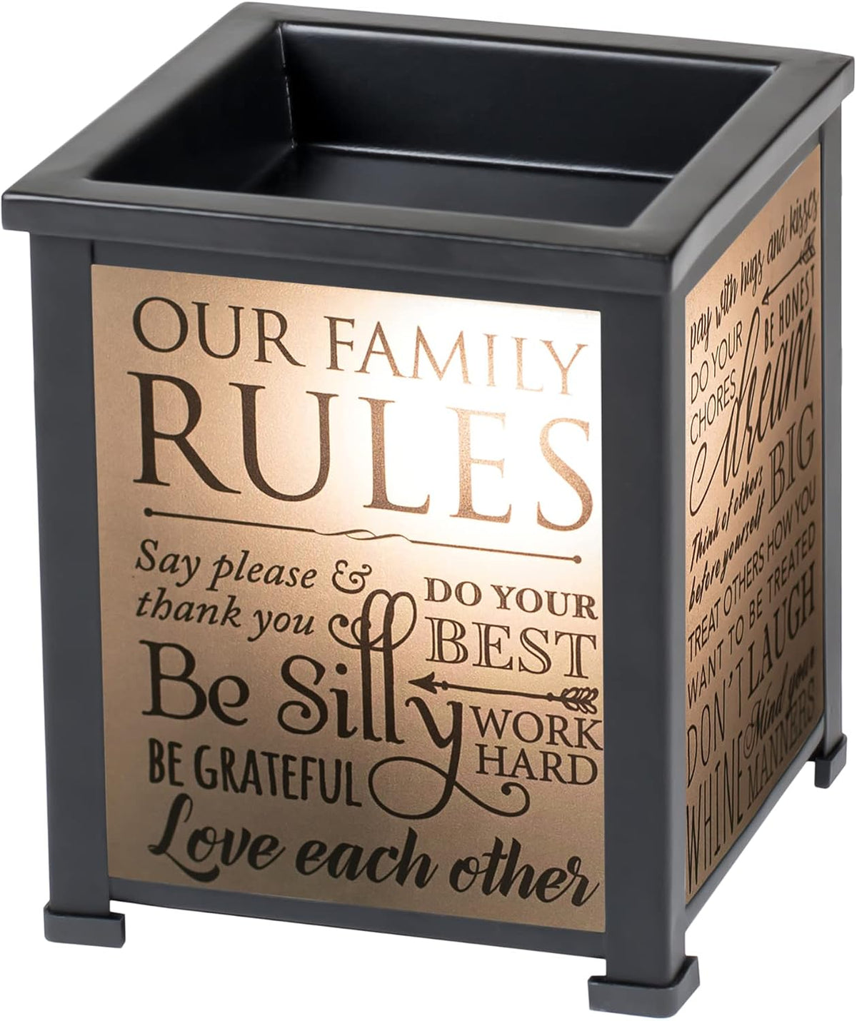 Elanze Designs Family Rules Love Each Other Dream Big Black Metal Electrical Wax Tart & Oil Glass Lantern Warmer