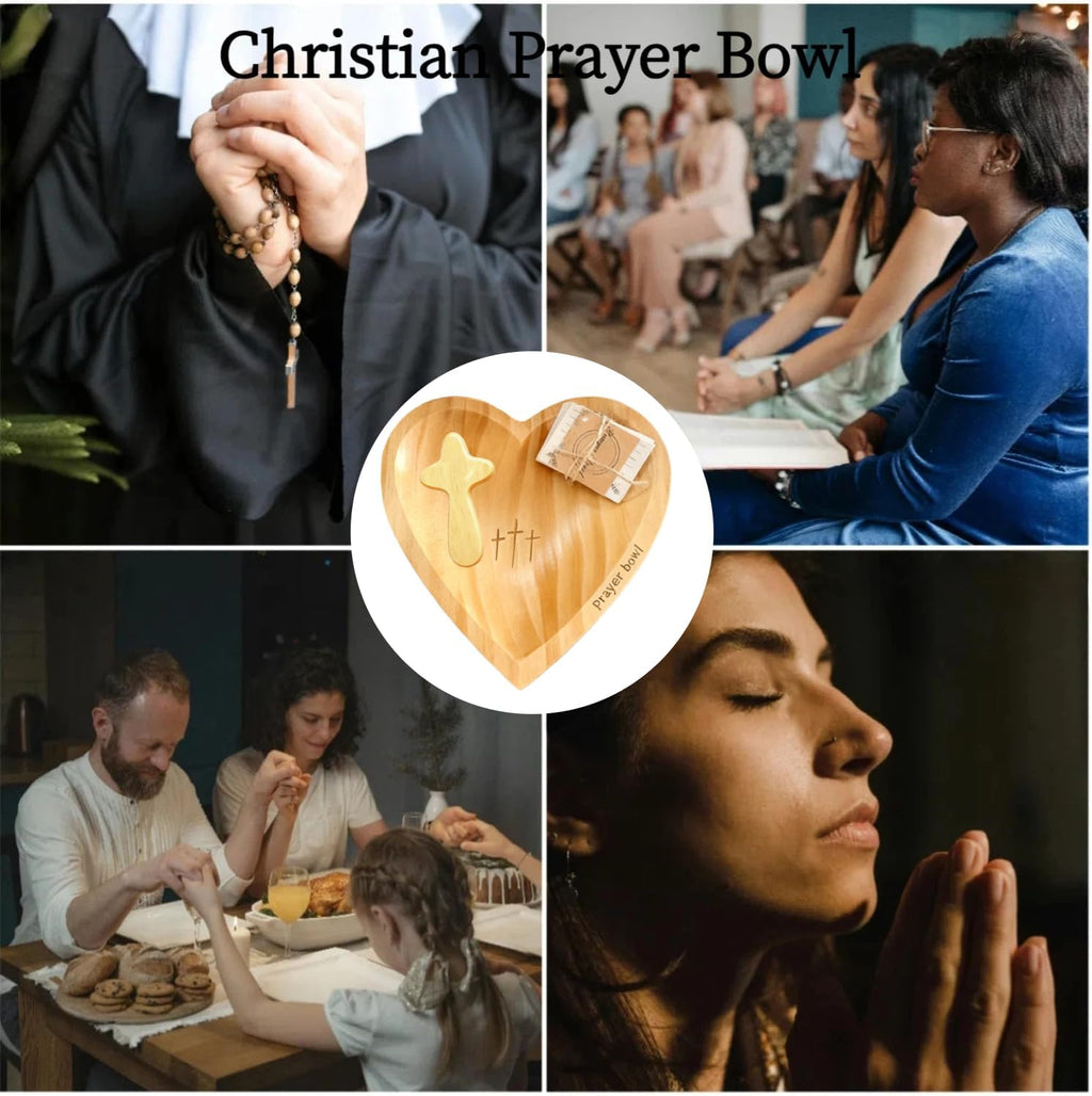 Wooden Prayer Bowl with 24 Cards & Pine Cross, Heart Shaped Christian Premium Solid Heart Container Love Bowl for Home Decor Religious Christmas Men Women Gifts (300g)
