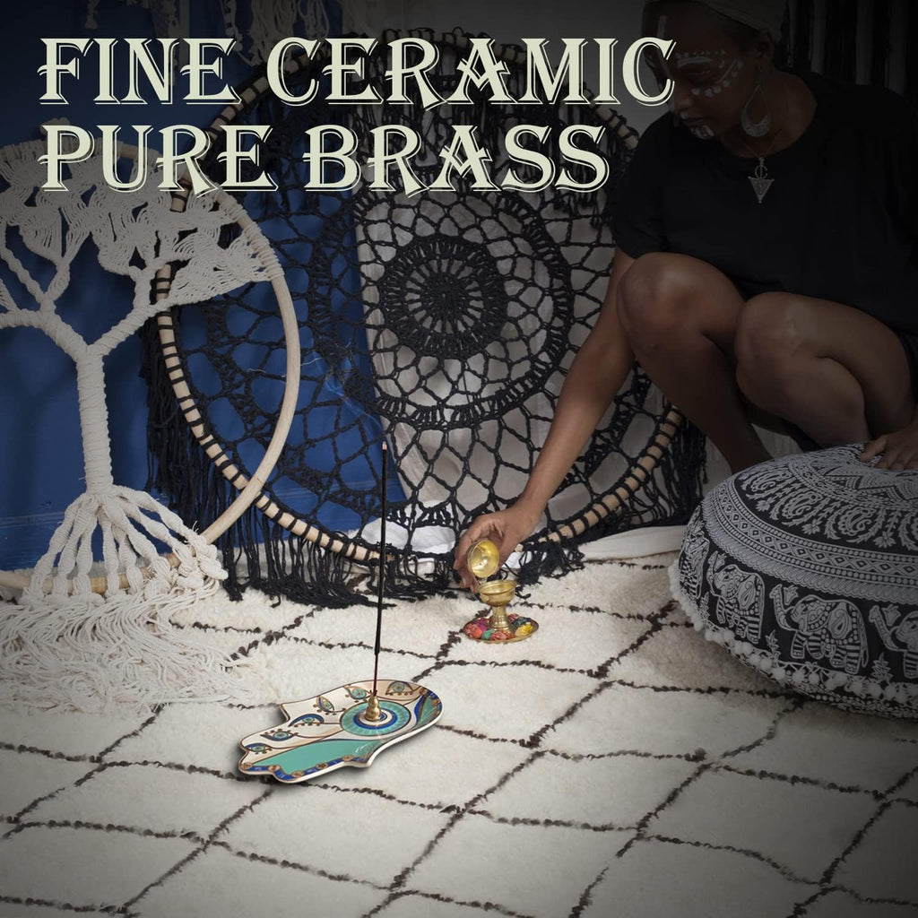 Ceramic Hamsa Hand Incense Holder - 2 in 1 Brass Incense Holder for Sticks and Coil Incense- Zen Decor with Hand of Fatima Design Protection from Evil - 6.2" L X 4.5" W (Blue)