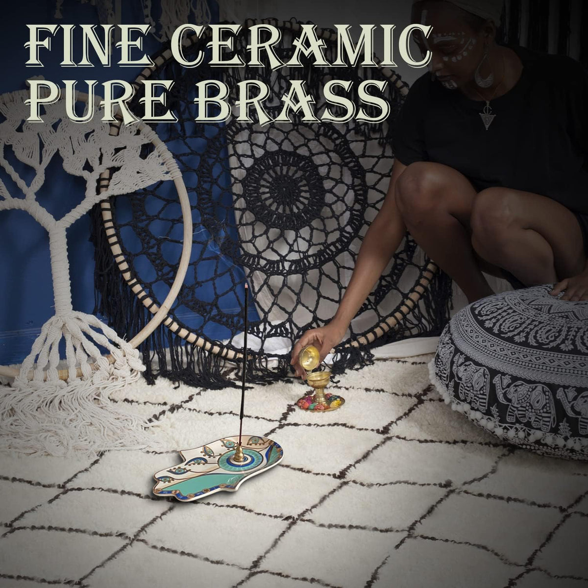 Ceramic Hamsa Hand Incense Holder - 2 in 1 Brass Incense Holder for Sticks and Coil Incense- Zen Decor with Hand of Fatima Design Protection from Evil - 6.2" L X 4.5" W (Blue)