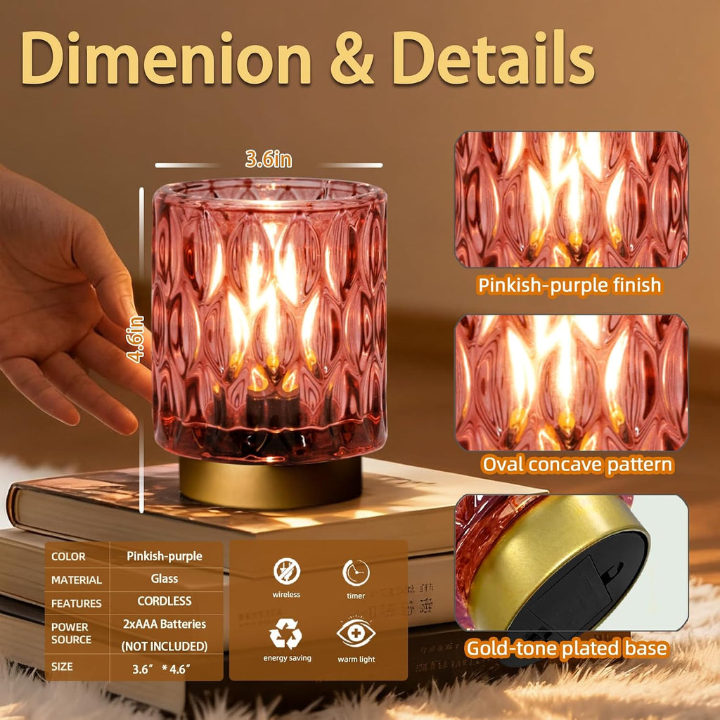 Battery Operated Table Lamp Timer, Small Cordless Lamps Decorative, 2 Pink