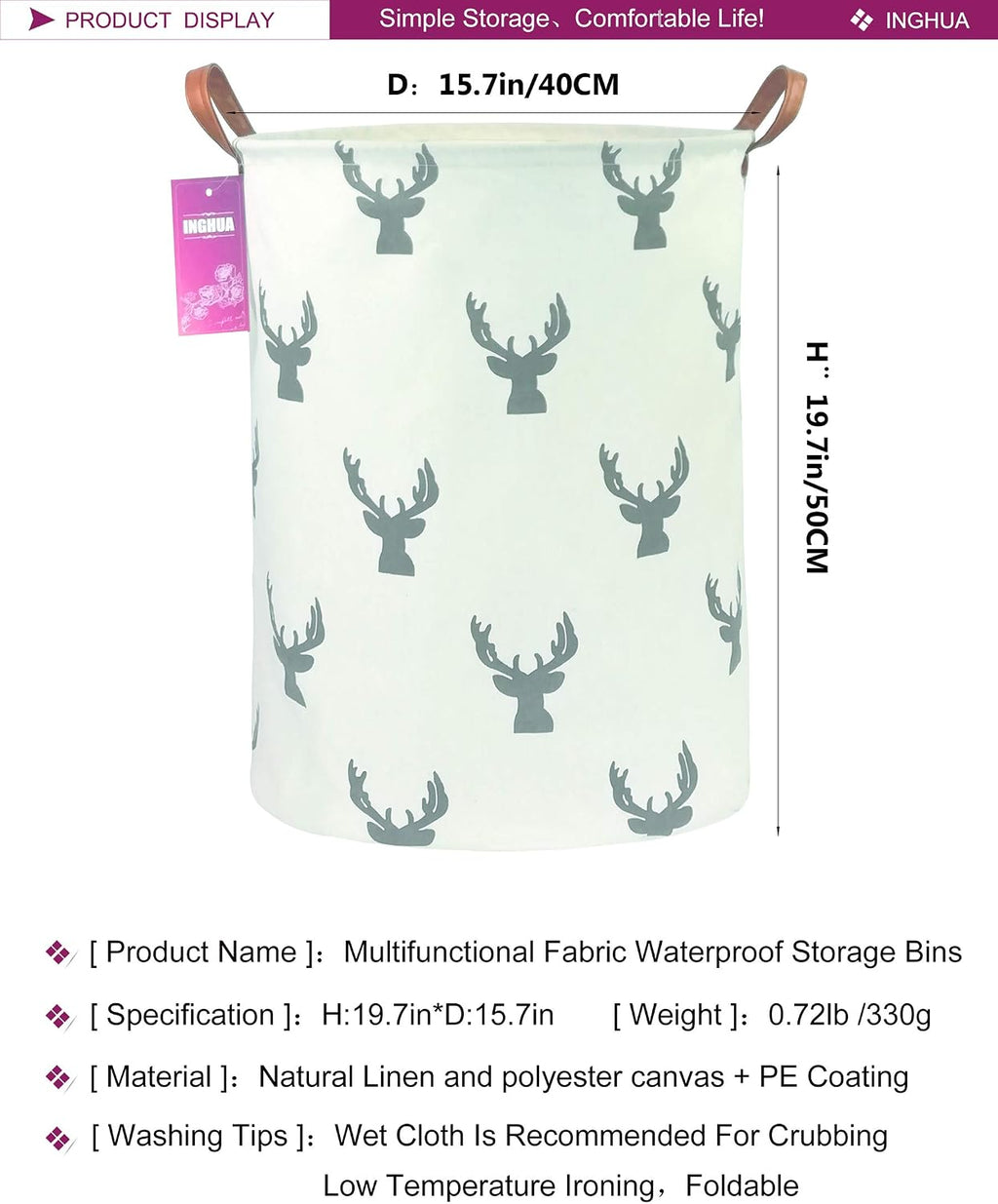 Laundry Hamper Large Canvas Fabric Storage Basket Grey deer