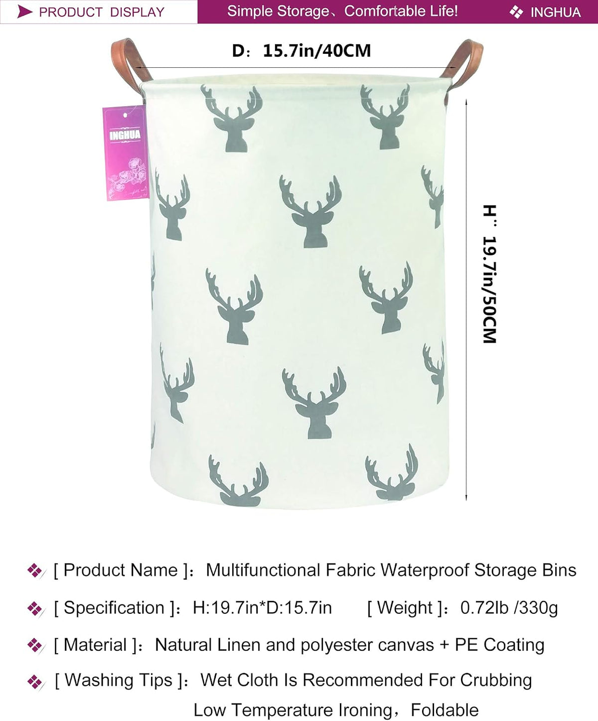 Laundry Hamper Large Canvas Fabric Storage Basket Grey deer