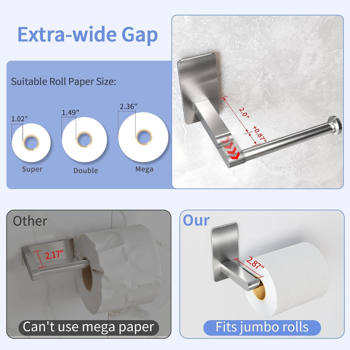 STWWO Toilet Paper Holder Self Adhesive, Extra-Wide Gap, Brushed Nickel
