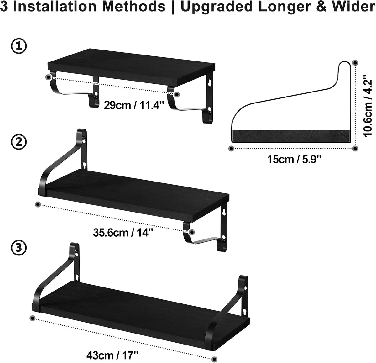 Love-KANKEI Large Black Floating Wall Shelves,Set of 3,Wood/Metal Bracket