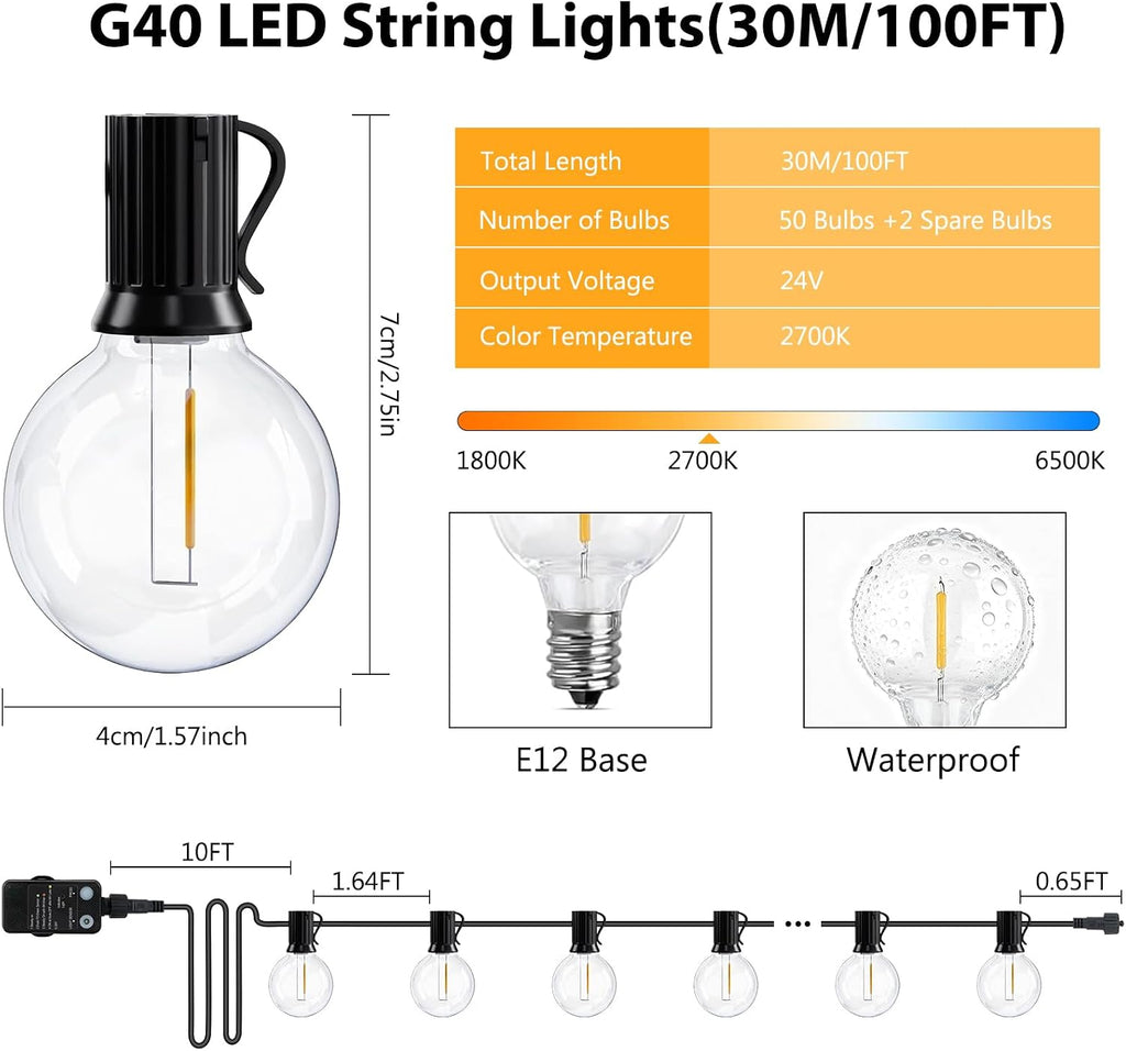 G40 100FT Outdoor String Lights, Waterproof Patio Lights with Light Sensor