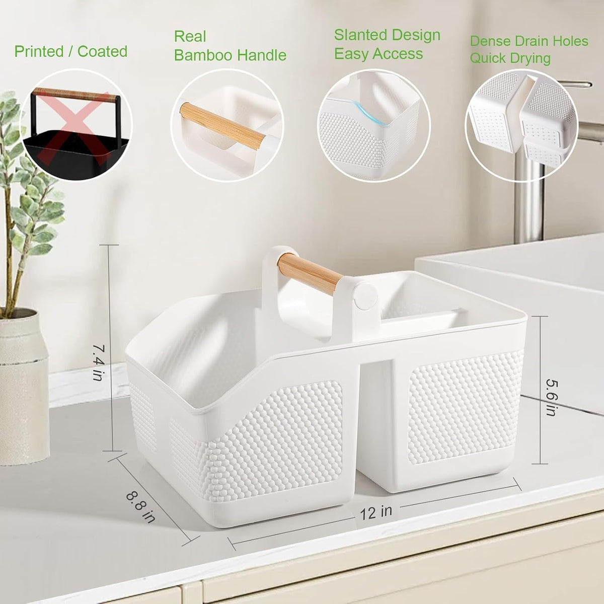 Plastic Shower Caddy Portable Shower Basket with Bamboo Handle, White