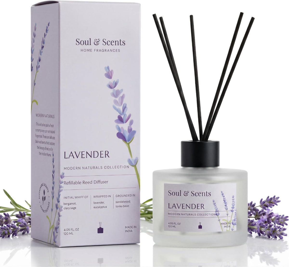 Soul & Scents Lavender Scented 4.06 oz (120ml) Reed Diffuser Set with 6 Fiber Sticks for Room Decor | Home Fragrance Reed Diffuser | Air Freshners for Home