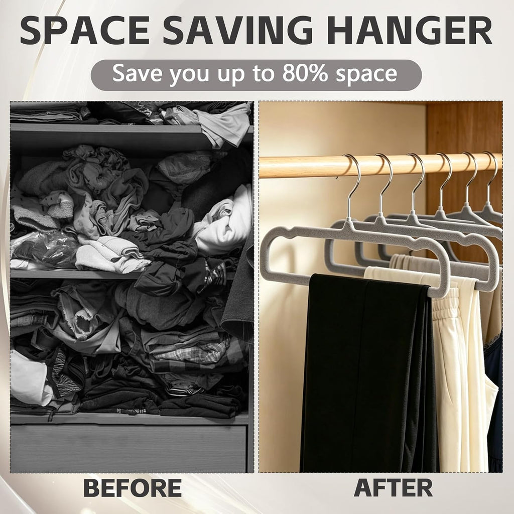 50 Pack Velvet Pants Hangers Non Slip, Velvet Hangers Space Saving for Closet, Strong Durable Clothes Hanger with 360° Swivel Hook, Ultra Soft Flocked Hanger for Pants Jeans Shirts Bra Shorts (Grey)