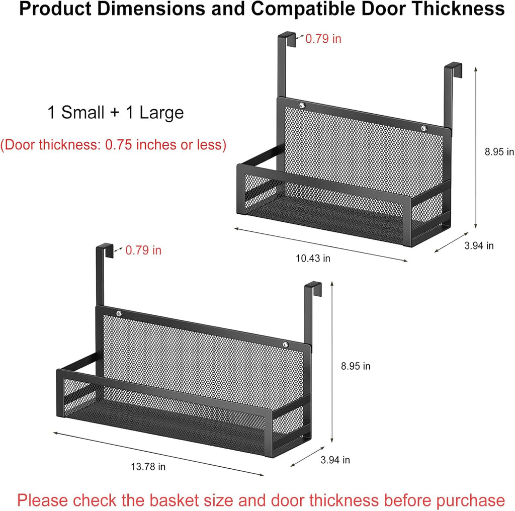 Hanging Desktop Baskets Fine Mesh Wire Storage Basket Over Cabinet Door Organizer No Drilling Required for Kitchen Bathroom Office, 1 Small, 1 Large, Black