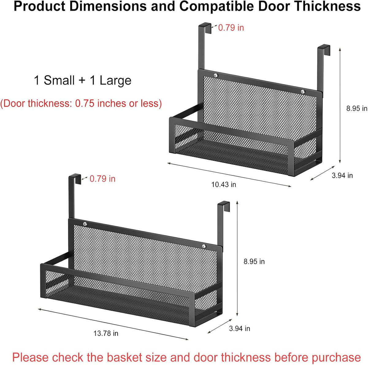 Hanging Desktop Baskets Fine Mesh Wire Storage Basket Over Cabinet Door Organizer No Drilling Required for Kitchen Bathroom Office, 1 Small, 1 Large, Black