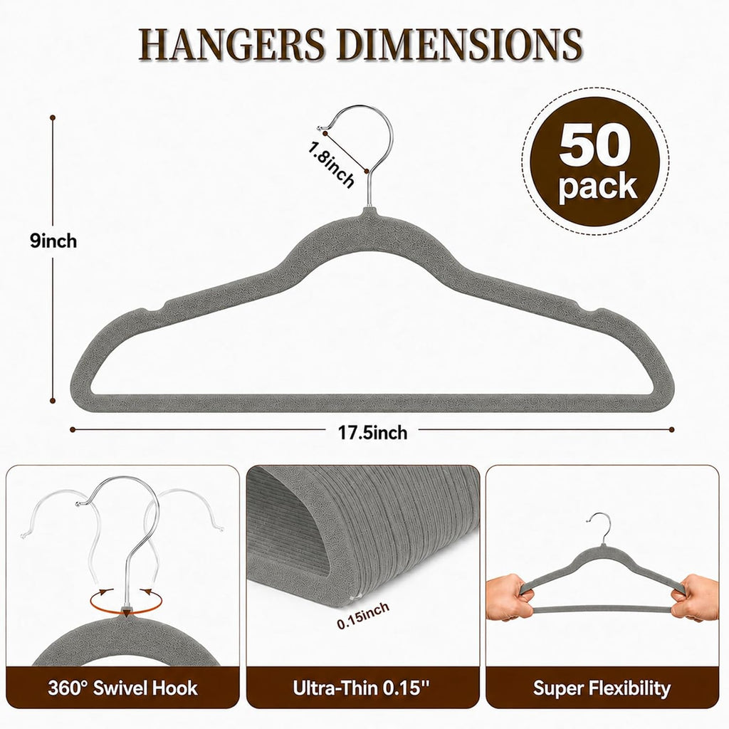Velvet Felt Hangers 50 Pack, Non Slip, Slim, Space Saving, Gray