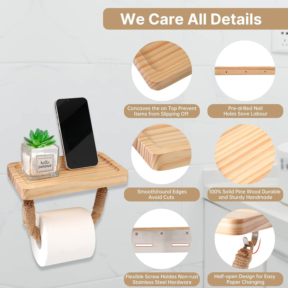 Farmhouse Toilet Paper Holder with Wood Shelf Rope Bathroom Decor