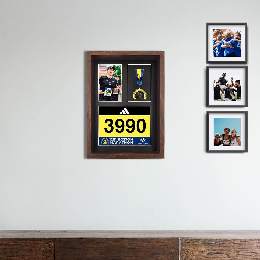 3-in-1 Shadow Box Display with Real Glass (Medal, Race Bibs, and Photo Display) – Marathon Medal Display and Frame, Triathlon & Running Bib Holder, Wall-Mounted, Real Tempered Glass- Walnut