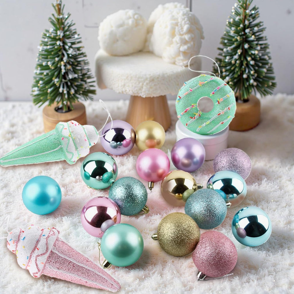 Pastel Candy Christmas Tree Decorations Set,Christmas Macron Ball Ornaments Hanging Ice Cream Gift Macaron Dessert Foam Pendant,Large Tree Topper Wreath Bow,Candy Wood Ornaments