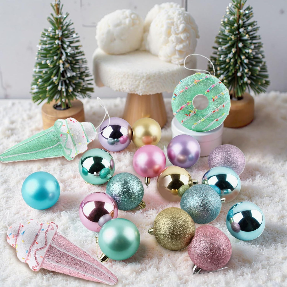 Pastel Candy Christmas Tree Decorations Set,Christmas Macron Ball Ornaments Hanging Ice Cream Gift Macaron Dessert Foam Pendant,Large Tree Topper Wreath Bow,Candy Wood Ornaments