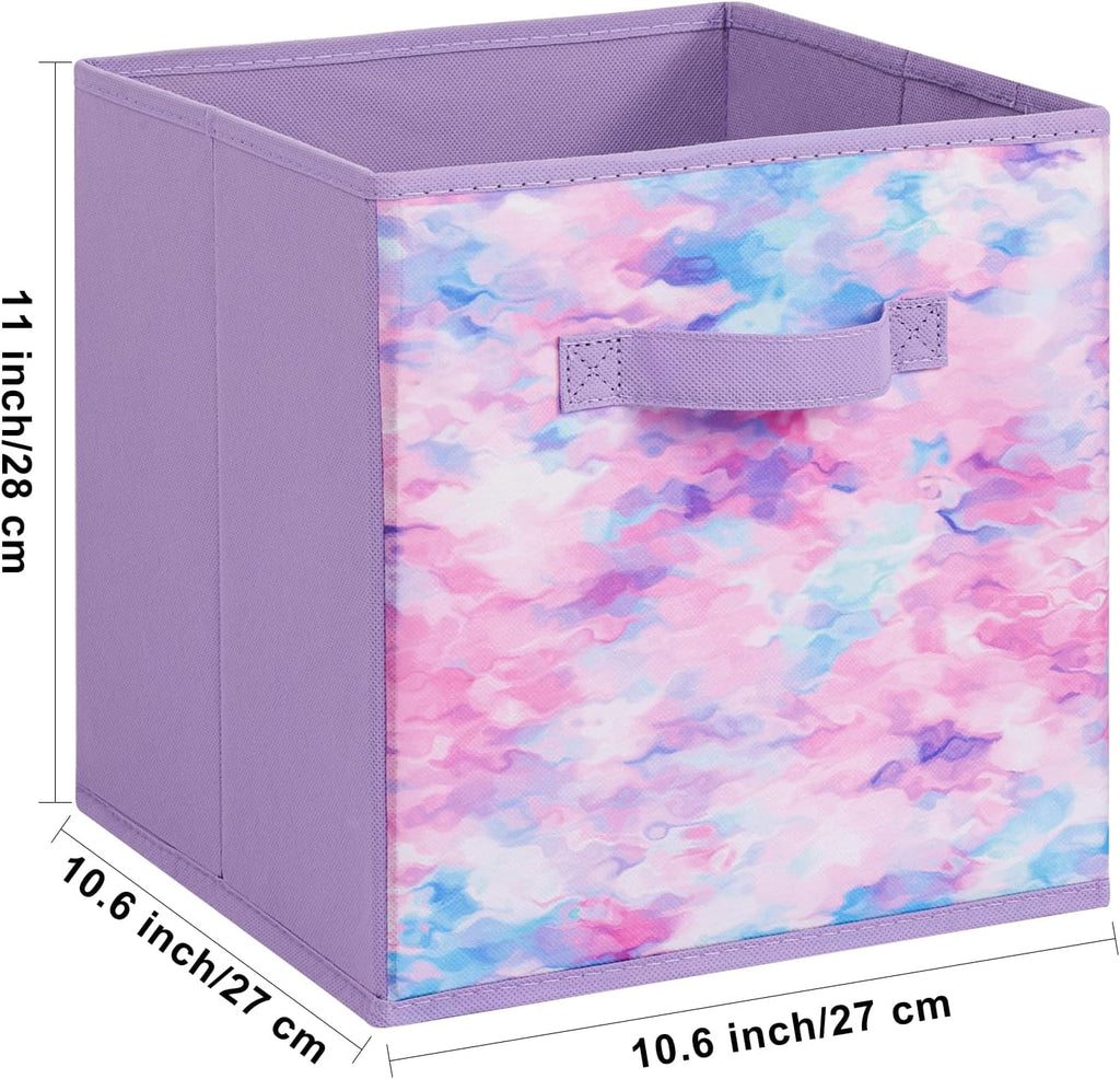 Stero Fabric Storage Cubes, 6 Pack Foldable Storage Bins with Handle, 11 Inch Box for Shelves, Closet, Organizer, Tie-dye Purple