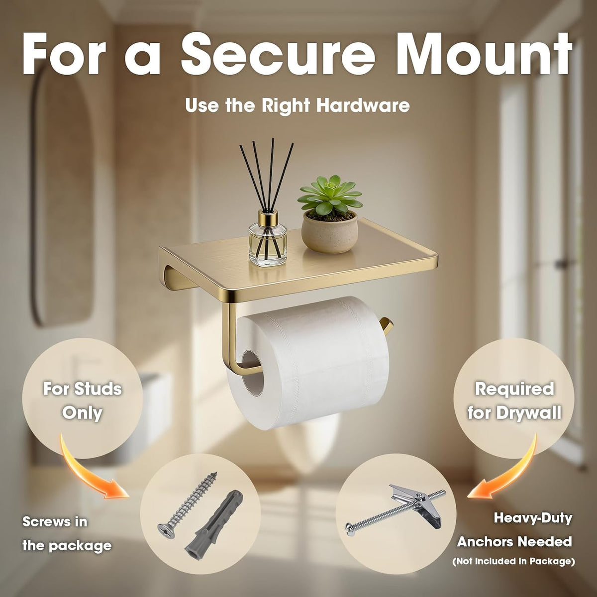 TRUSTMI Toilet Paper Holder with Phone Shelf, Zinc Alloy, Brushed Gold