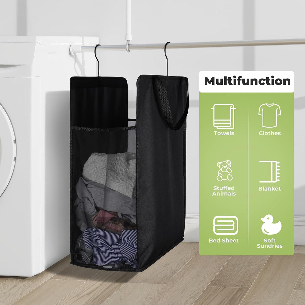 FENTEC 1 Pack Black Hanging Laundry Hamper，Laundry Hamper Bag with Handles