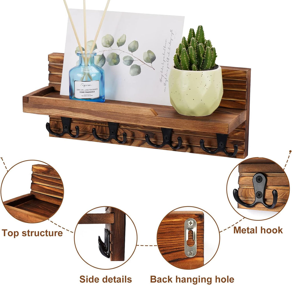Decorative Key Hanging Rack with 4 Double Hooks – Easy Install Natural Wooden Key and Mail Holder for Wall Mount – Entryway Decor Rack with Shelf (Brown)
