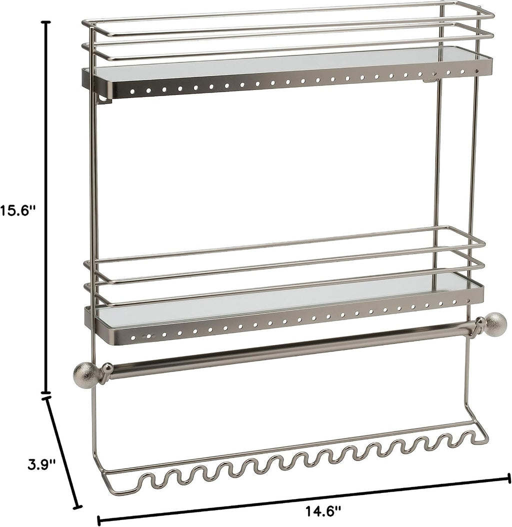 Home Details Wall Mounted Jewelry Organizer | Dimensions: 14.6"x 3.9"x 15.6" | 2 Tier Mirror | Home Organization | Great for Bracelets | Necklaces | Earrings | Mirror Based Shelf | Satin Finish