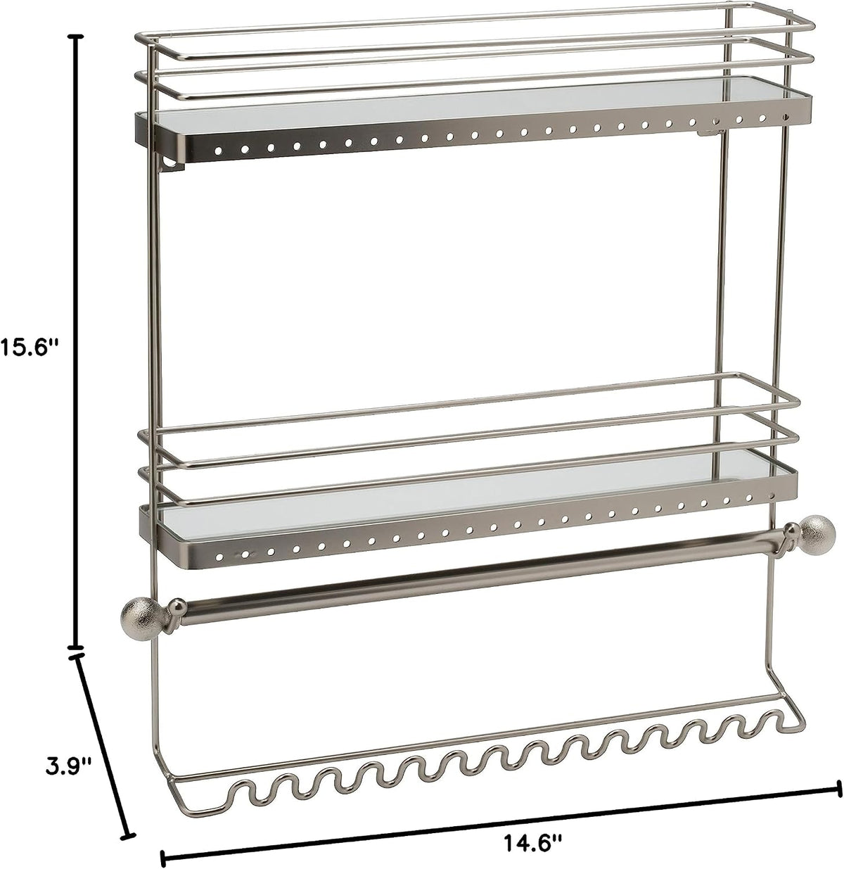 Home Details Wall Mounted Jewelry Organizer | Dimensions: 14.6"x 3.9"x 15.6" | 2 Tier Mirror | Home Organization | Great for Bracelets | Necklaces | Earrings | Mirror Based Shelf | Satin Finish