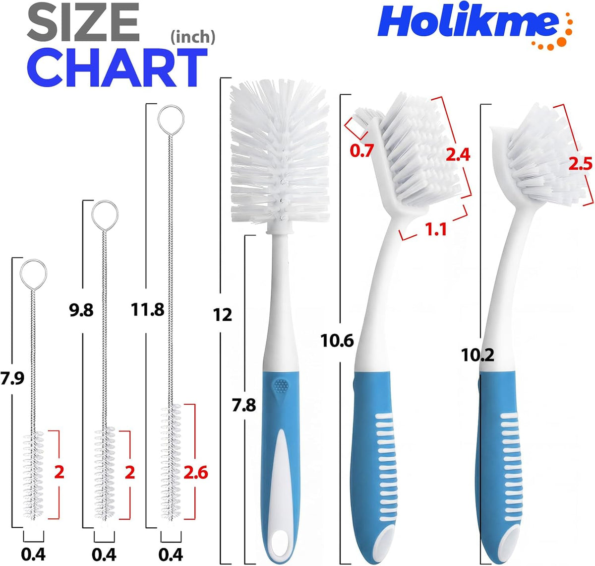 Holikme 6 Pack Dish Brush Set with Bottle Brush, Dish Scrub Brush,Blue