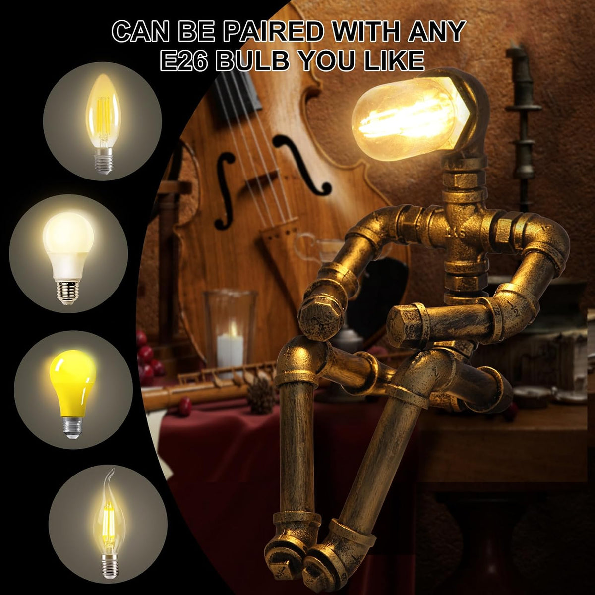 Steampunk Decor Table Lamp for Men Unique Creative Robot Style Desk Lamp,Vintage Industrial Metal Pipe Water Pipe Light, Home Decor Ideal for Bedrooms,Study. (Bronze B)