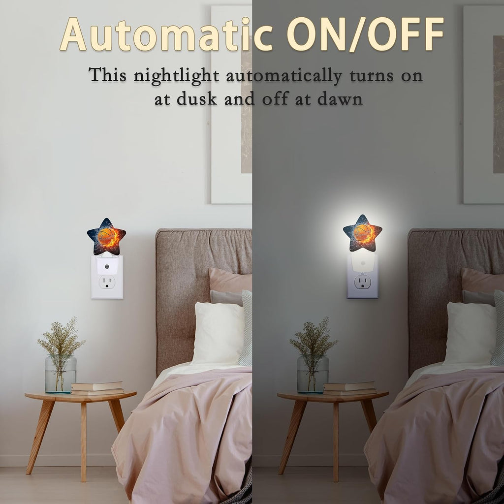 Basketball Fire Night Lights Plug into Wall with Dusk to Dawn Sensor,Lamp for Bedroom Bathroom Hallway Nightlight for Women Girls