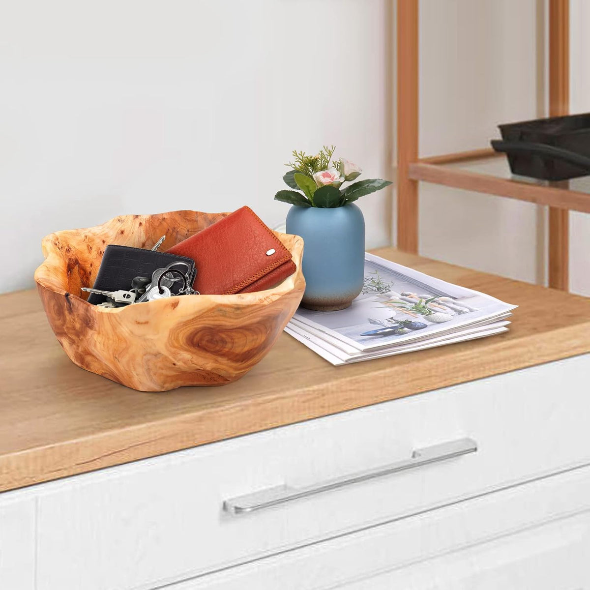 Wooden Bowl for Decor, Natural Shape Solid Wood Carved Fruit Bowl, Decorative Wooden Bowl for Table Centerpiece Office Home Decor, Multipurpose Candy Keys Serving Bowls (Small 8"-10")
