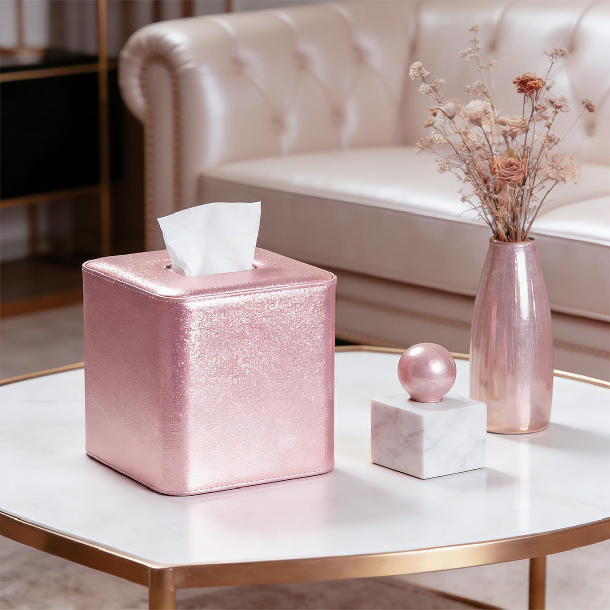 GORESE PU Leather Tissue Box Cover Square, Decorative Tissue Box Holder for Kleenexs, Tissue Cover for Vanity, Bathroom, and Office, Elegant Shimmer Cube Tissue Box (Pink)
